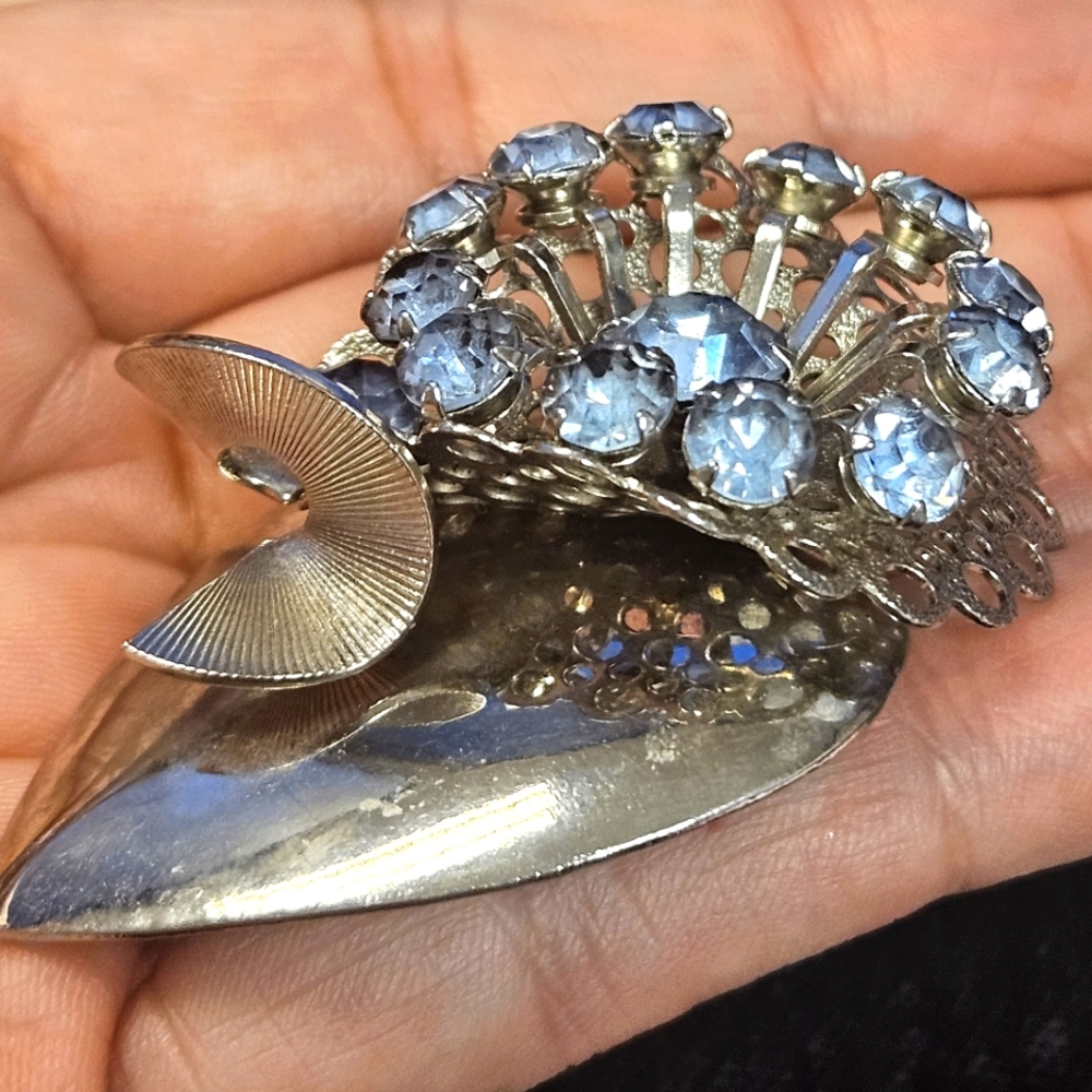 Vtg Art Deco Floral Light Blue Rhinestone Silver Tone Abstract Brooch Pin - Picture 6 of 6